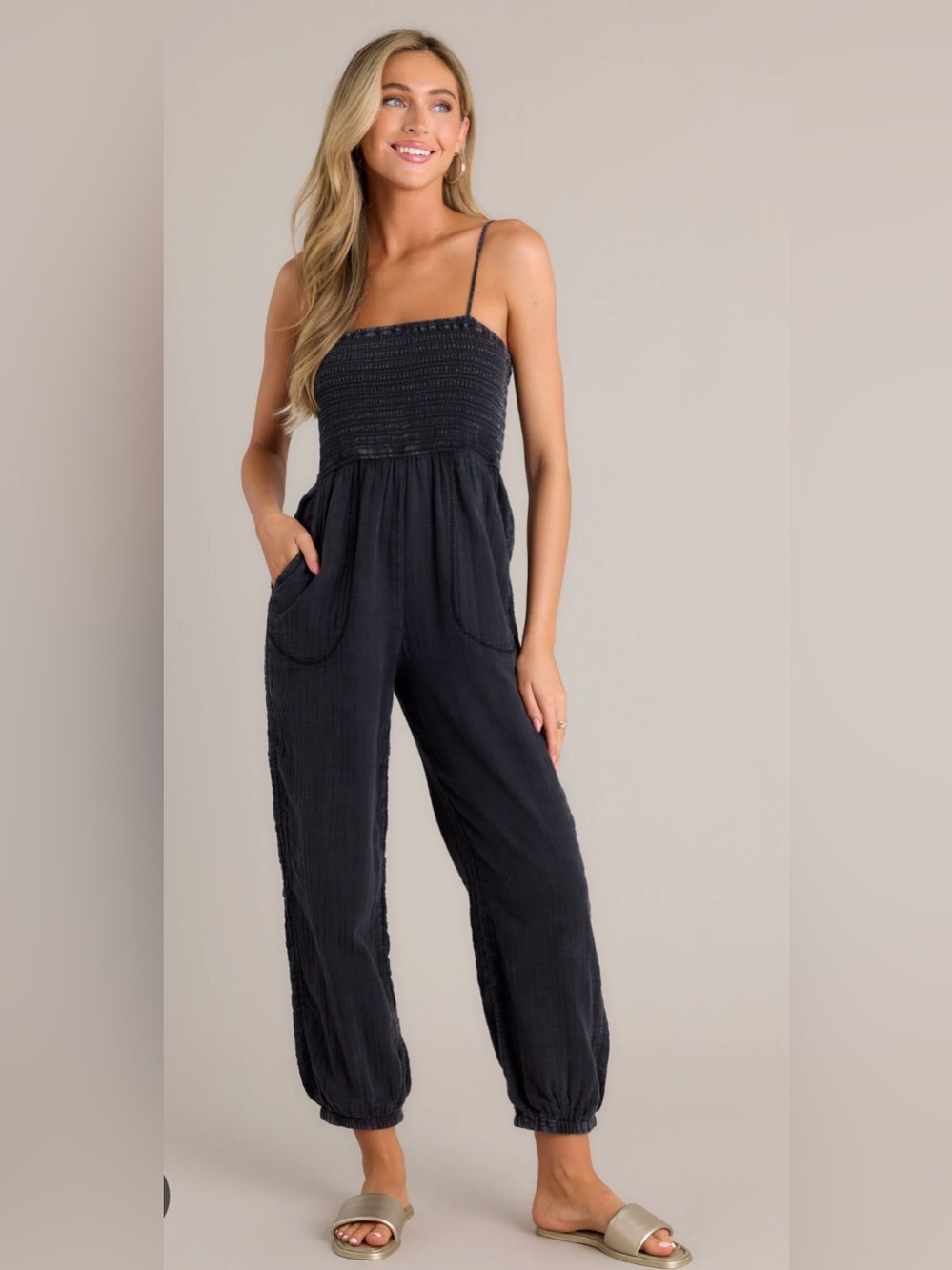NWT Z Supply Black Smocked Strap Jumpsuit with Pockets